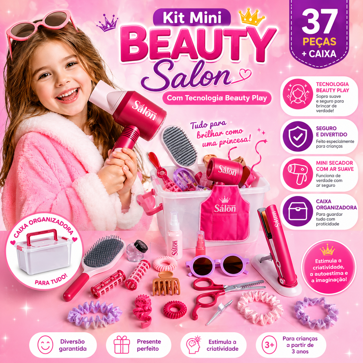 Kit Mini Beauty Salon - Com Tecnologia Beauty Play 37 peças + Caixa