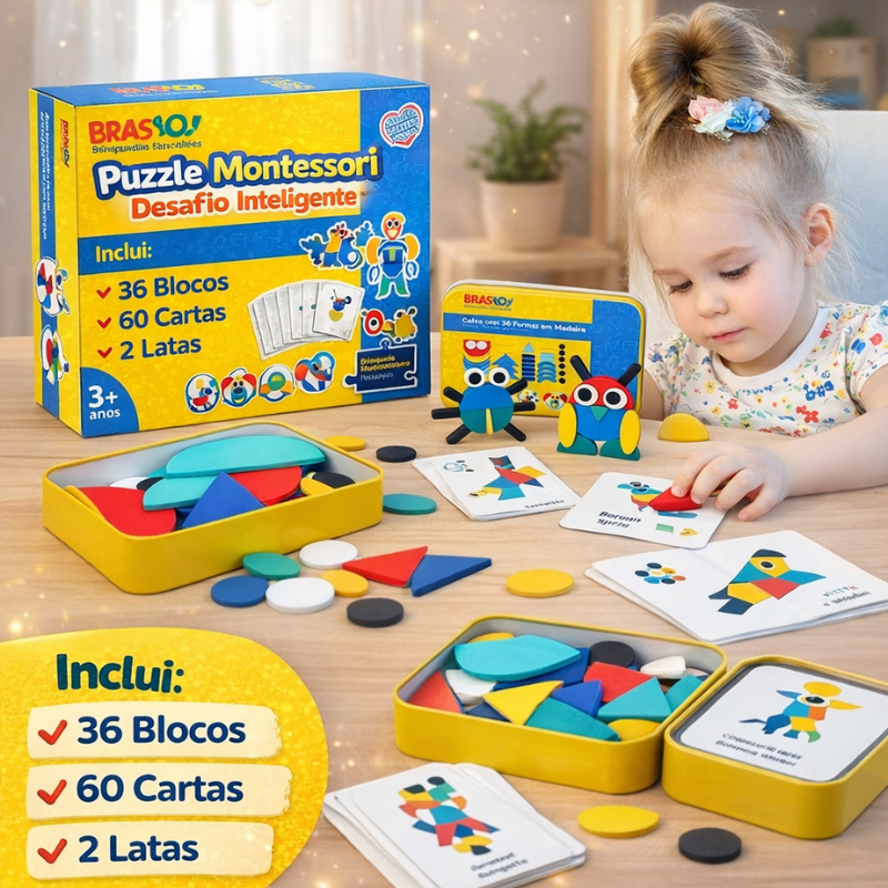Puzzle Montessori Desafio Inteligente - 36 Blocos E 60 Cartas + BÔNUS EXCLUSIVOS