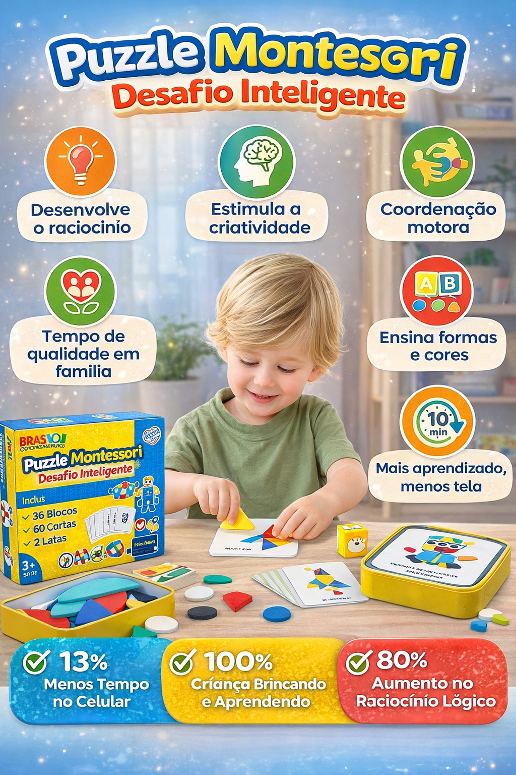 Puzzle Montessori Desafio Inteligente - 36 Blocos E 60 Cartas + BÔNUS EXCLUSIVOS