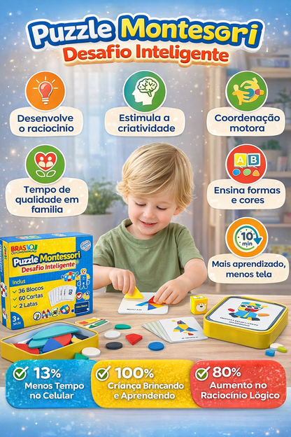 Puzzle Montessori Desafio Inteligente - 36 Blocos E 60 Cartas + BÔNUS EXCLUSIVOS